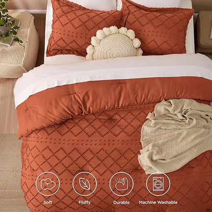 Bedsure Queen Comforter Set - Terracotta Comforter, Boho Tufted Shabby Chic Bedding Comforter Set, 3 Pieces Vintage Farmhouse Bed Set for All Seasons, Fluffy Soft Bedding Set with 2 Pillow Shams