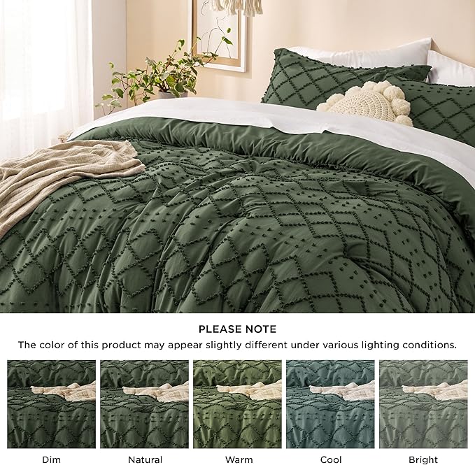 Bedsure King Size Comforter Set - Olive Green Comforter, Boho Tufted Shabby Chic Bedding Comforter Set, 3 Pieces Farmhouse Bed Set for All Seasons, Fluffy Soft Bedding Set with 2 Pillow Shams