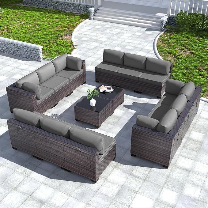 Kullavik 14PCS Outdoor Patio Furniture Set PE Wicker Rattan Sectional Sofa Patio Conversation Sets,Grey