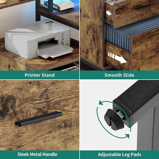 YITAHOME L Shaped Desk with Power Outlets & Hutch, Computer Desk with Drawers & LED Lights, Reversible Corner Office Desk with Printer Stand for Home Office, Rustic Brown