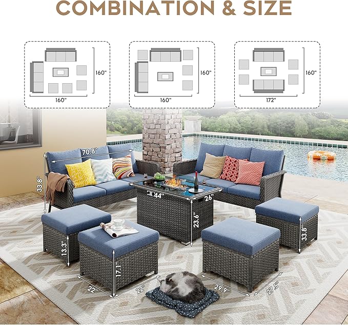 Yechen Patio Conversation Set 10 Seats with 44" Propane Gas Fire Pit Table - 7 Pcs Outdoor Wicker Furniture Set with Lid & Wind Shields - Sectional Sofa Set for Porch,Backyard