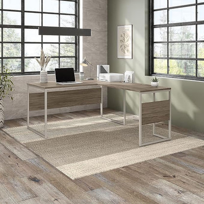 Bush Business Furniture Hybrid 60-inch W L-Shaped Table Desk with Metal Legs, Modern Hickory (HYB027MH)