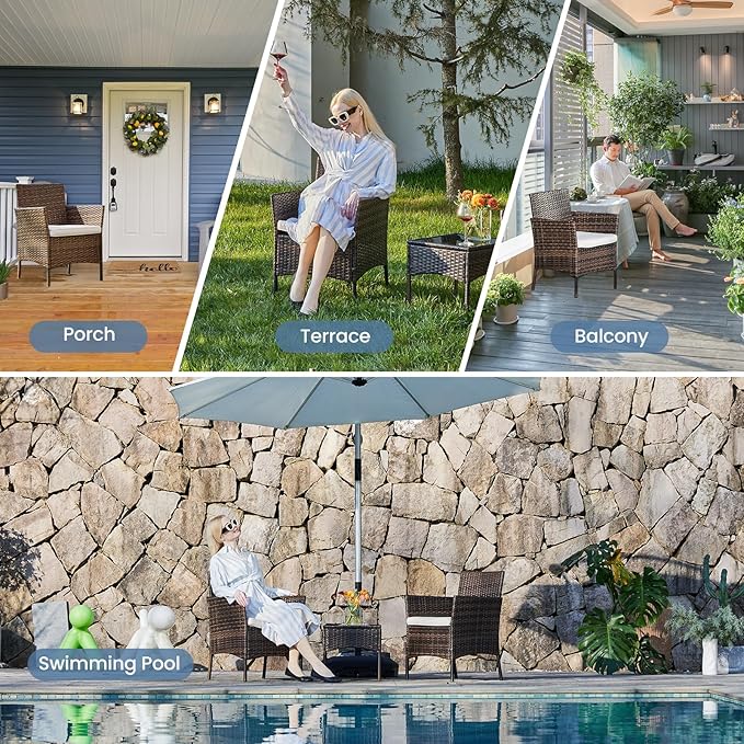 DUMOS Set 3 Pieces Outdoor Furniture with Soft Cushion and Glass Table, All Weather Manual Weaving Wicker Rattan Patio Chairs for Garden, Terrace, Porch, Lawns, Brown