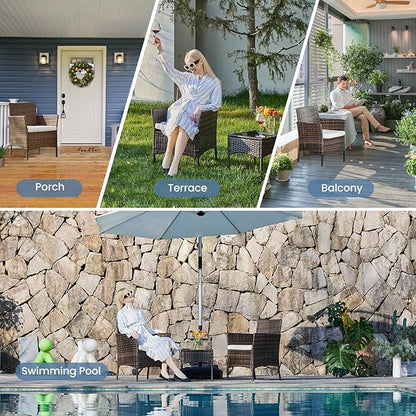 DUMOS Set 3 Pieces Outdoor Furniture with Soft Cushion and Glass Table, All Weather Manual Weaving Wicker Rattan Patio Chairs for Garden, Terrace, Porch, Lawns, Brown