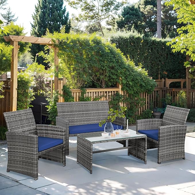 Shintenchi 4-Piece Outdoor Gray Wicker Patio Conversation Furniture Set, Rattan Patio Furniture Set with Weather Resistant Cushions and Tempered Glass Tabletop,Navy Blue