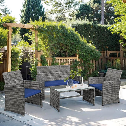 Shintenchi 4-Piece Outdoor Gray Wicker Patio Conversation Furniture Set, Rattan Patio Furniture Set with Weather Resistant Cushions and Tempered Glass Tabletop,Navy Blue
