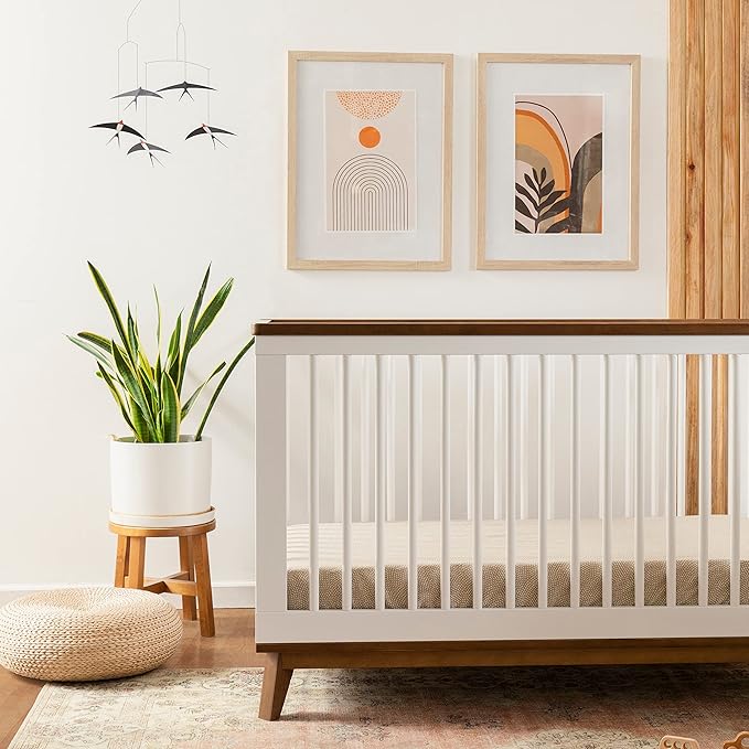 Babyletto Scoot 3-in-1 Convertible Crib with Toddler Bed Conversion Kit in White and Natural Walnut, Greenguard Gold Certified