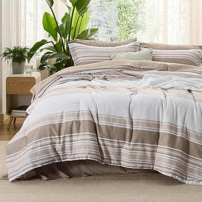 Bedsure Brown Twin Size Comforter Sets 5 Pieces - Striped Beddding sets, Bed in a Bag Twin with Comforter, Fitted Sheet, Flat Sheet, Pillowcase & Shams