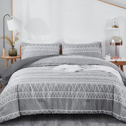 Boho Grey Stirped Comforter Set Queen for Kids Adult, 3 PCS Reversible Bedding Set Gray Comforter with 2 Pillow Shams, Lightweight Breathable for All Seasons(Queen,90x90inches)