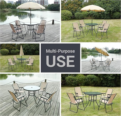 Nice C Outdoor Dining Sets, Patio Furniture Set, 8 Piece Set with Umbrella, Garden Outdoor Furniture Table Set with Tilted Removable Umbrella, Glass Table, and 6 Folding Chairs (Beige-6 Piece)