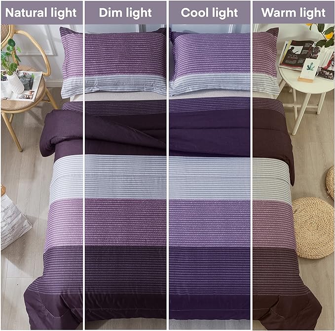 Andency Stripe Comforter Set King Size (104x90 Inch), 3 Pieces Purple and Gray Patchwork Striped Comforter, Soft Microfiber Down Alternative Comforter Bedding Set with Corner Loops