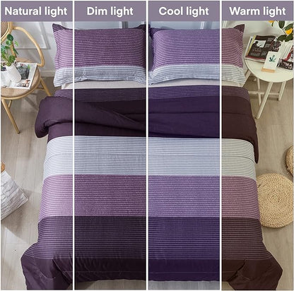 Andency Stripe Comforter Set King Size (104x90 Inch), 3 Pieces Purple and Gray Patchwork Striped Comforter, Soft Microfiber Down Alternative Comforter Bedding Set with Corner Loops