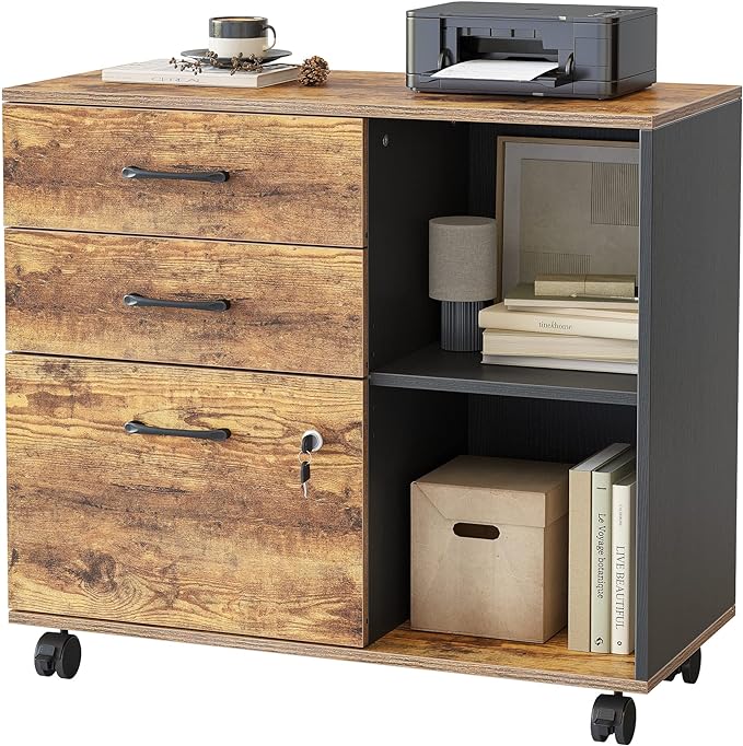 FEZIBO 3-Drawer Mobile File Cabinet, Lateral Filing Cabinet with Lock, Printer Stand with Open Storage Shelves for Home Office, Filing Cabinets for Home Office, Vintage&Black