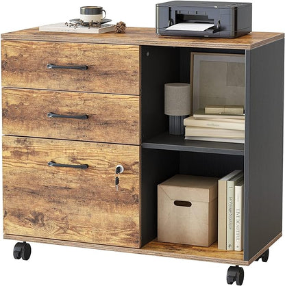 FEZIBO 3-Drawer Mobile File Cabinet, Lateral Filing Cabinet with Lock, Printer Stand with Open Storage Shelves for Home Office, Filing Cabinets for Home Office, Vintage&Black