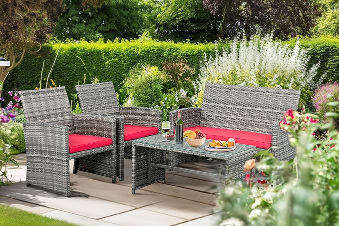 Shintenchi 4-Piece Outdoor Gray Wicker Patio Conversation Furniture Set, Rattan Patio Furniture Set with Weather Resistant Cushions and Tempered Glass Tabletop,Red
