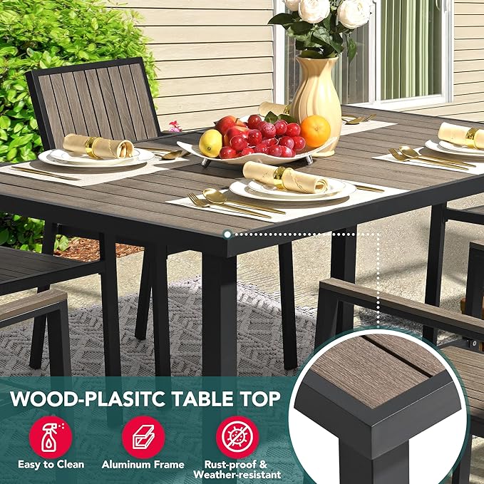 Pamapic 8-Piece Patio Dining Set，Outdoor Aluminum Furniture Set with Plastic-Wood Table Top,Outdoor Furniture Set with 6 Outdoor Stackable Chairs for Patio Garden Poolside (Black)
