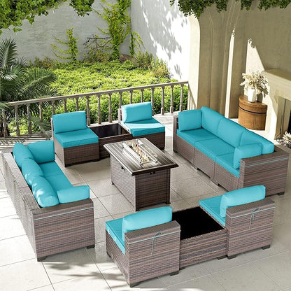 Kullavik 13PCS Outdoor Patio Furniture Set with 43" 55000BTU Gas Propane Fire Pit Table PE Wicker Rattan Sectional Sofa Patio Conversation Sets,Blue