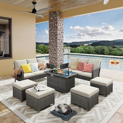 Yechen Patio Conversation Set 10 Seats with 44" Propane Gas Fire Pit Table - 7 Pcs Outdoor Wicker Furniture Set with Lid & Wind Shields - Sectional Sofa Set for Porch,Backyard