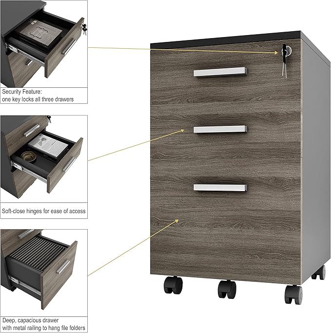 Lazio File Cabinet with Lock - Filing Cabinet for Home and Office - 3 Drawer Small Rolling File Cabinet -Wood Printer Stand with Storage for A4 Size/Legal Documents, File Folders (SLATE GRAY/Black)