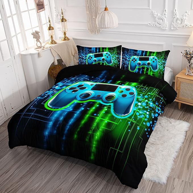 Datura home Video Gamer Comforter Set for Kids Teens Adults,Green Black Gamepad Modern Gamer Gaming Printed Bedding Set with 1 Comforter and 2 Pillowcases(Gamepad Green Twin)