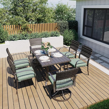 Pamapic 7 Piece Outdoor Dining Set, Rattan Outdoor Patio Furniture Set for Backyard with Iron Outdoor Dining Table, 4 Swivel Deck Chairs, 2 Wicker Chairs and Removable Cushions (Green)