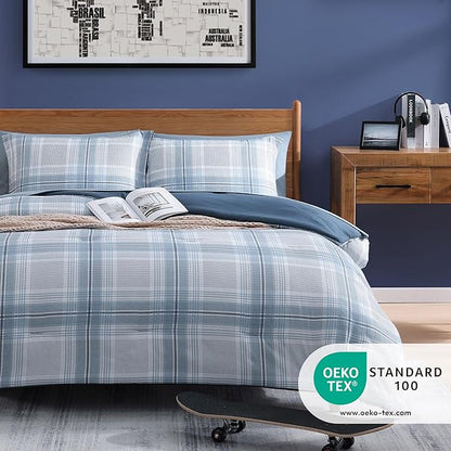 Blue King Size Comforter, Dorm Plaid Light Blue King Bedding Set Homestead-style King Size Bed Set for Bedroom (Light Blue,King,102"*90")