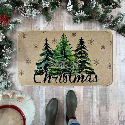 Merry Christmas Door Mat ,Pine Trees Snowflakes Welcome Doormat for Front Door,Non-Slip Winter Xmas Holiday Front Porch Rugs, Indoor Outdoor Entry Doormats Low-Profile Floor Mats,29 x 17 Inch
