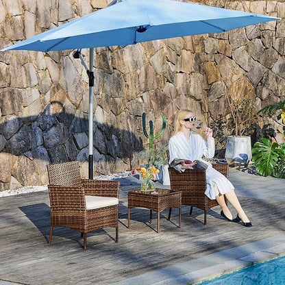 DUMOS Set 3 Pieces Outdoor Furniture with Soft Cushion and Glass Table, All Weather Manual Weaving Wicker Rattan Patio Chairs for Garden, Terrace, Porch, Lawns, Brown