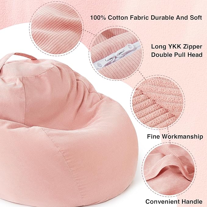 Stuffed Animal Storage Kids Bean Bag Chair Cover (No Filler) Washable Ultra Soft Corduroy Pink Bean Bag Cover for Organizing Plush Toys or Textile, Sack Bean Bag for Adults, Teens (XL)