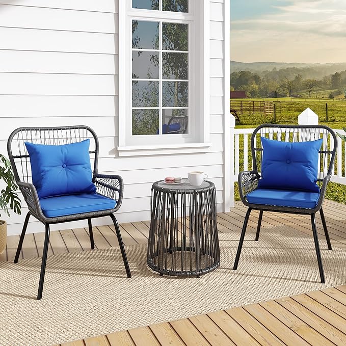 YITAHOME 3-Piece Outdoor Patio Furniture Wicker Bistro Set, All-Weather Rattan Conversation Chairs for Backyard, Balcony and Deck with Soft Cushions, Glass Side Table (Gray+Navy Blue)