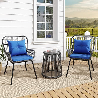 YITAHOME 3-Piece Outdoor Patio Furniture Wicker Bistro Set, All-Weather Rattan Conversation Chairs for Backyard, Balcony and Deck with Soft Cushions, Glass Side Table (Gray+Navy Blue)