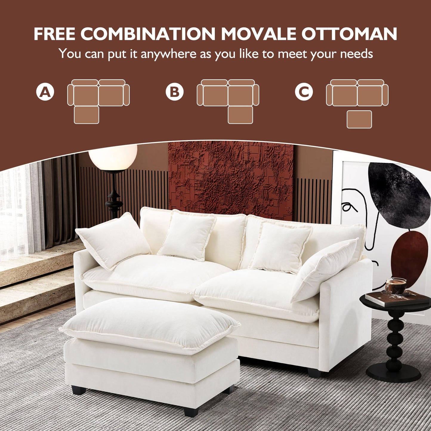 Ihanherry 111.4" L Shaped Modern Sofa Modular Sectional Cloud Couch with Ottoman, 4-Seat Chenille Deep Seat Sofa with Pillow for Living Room, Bedroom and Apartment, Beige