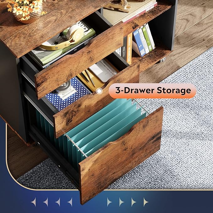 DEVAISE 3-Drawer Wood File Cabinet, Mobile Lateral Filing Cabinet, Printer Stand with Open Storage Shelves for Home Office, Rustic Brown