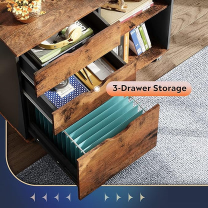 DEVAISE 3-Drawer Wood File Cabinet, Mobile Lateral Filing Cabinet, Printer Stand with Open Storage Shelves for Home Office, Rustic Brown