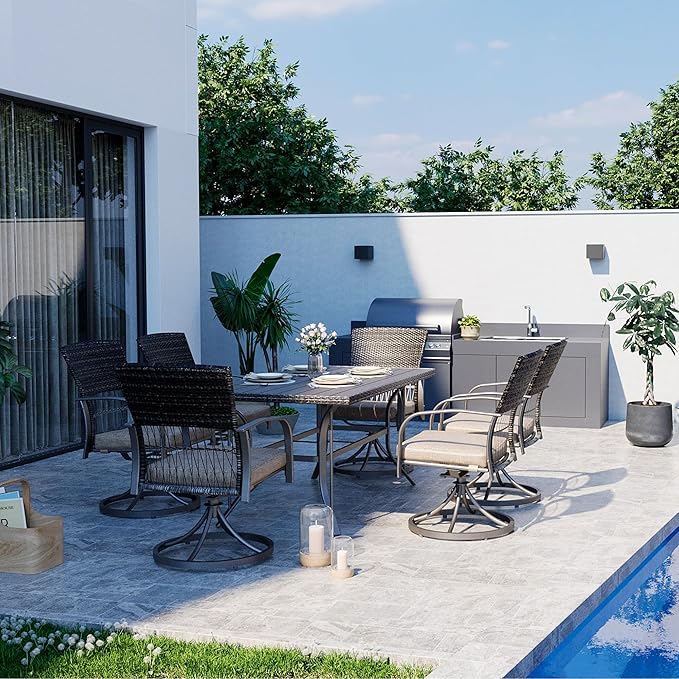Pamapic 7 Piece Patio Dining Set for 6,Outdoor Wicker Furniture Set for Backyard Garden Deck Poolside with 6 Cushions Swivel Rocker Chairs,Iron Slats Table Top, Removable Cushions(Beige)