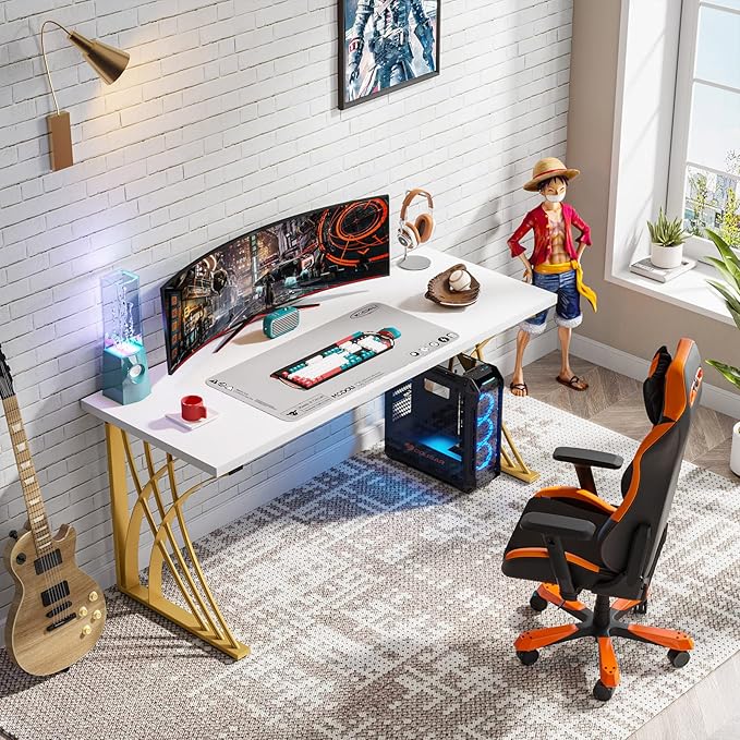 55’’ Large Modern Computer Desk, White & Gold Luxury Laptop PC Student Table, Makeup Vanity Table with Thick Frame & Strong Legs, Sturdy Writing Workstation for Home & Office