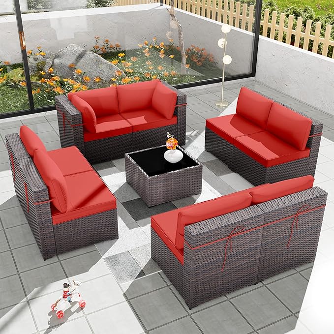 Patio Furniture Set 9-Pieces Outdoor Furniture for Backyard Wicker Sectional Sofa Set, Rattan Patio Conversation Set with Thickened Cushions and Glass Coffee Table, Red