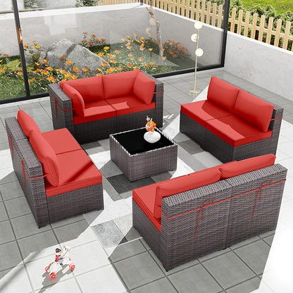 Patio Furniture Set 9-Pieces Outdoor Furniture for Backyard Wicker Sectional Sofa Set, Rattan Patio Conversation Set with Thickened Cushions and Glass Coffee Table, Red
