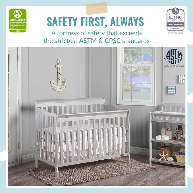 Ashton 4-In-1 Convertible Crib In Grey, Greenguard Gold, JPMA Certified, Non-Toxic Finishes, Features 4 Mattress Height Settings, Made Of Solid Pinewood