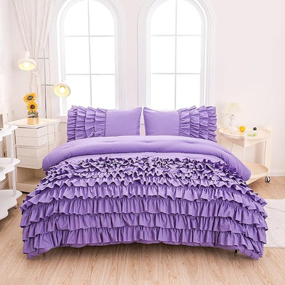 Purple Comforter Set Full Size, Light Purple Boho Ruffle Bedding Set, 3Pcs Kids Girls Full Size Bedding Sets for All Season