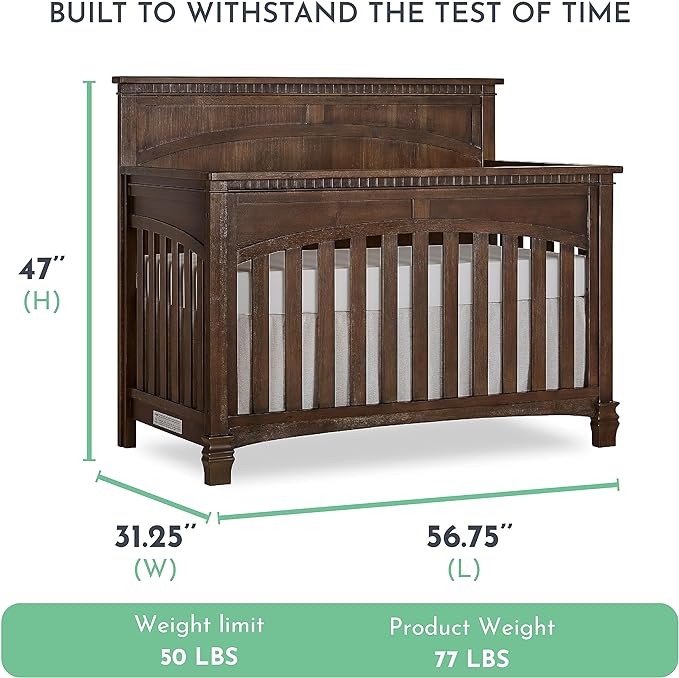 Evolur Santa Fe 5-in-1 Convertible Crib in Antique Brown, Greenguard Gold Certified, Features 3 Mattress Heights, Wooden Nursery and Bedroom Furniture, Baby Crib