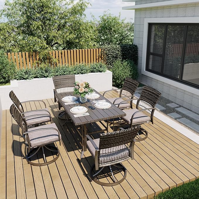 Pamapic 7 Piece Outdoor Dining Set, Rattan Outdoor Patio Furniture Set for Deck Backyard Garden with Iron Outdoor Dining Table, 6 Swivel Outdoor Dining Chairs and Removable Cushions (Gray)
