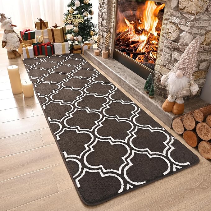 Chicrug Shag Geometric Modern Runner Rug for Bedroom, 2x6 Feet Memory Foam Indoor Hallway Runner Carpet, Fluffy Rug for Living Room Bedside Room Decor for Family, Brown/White