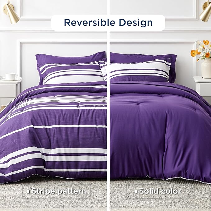 Bedsure Bed in a Bag Twin Size 5-Piece Purple White Striped Bedding Comforter Sets All Season Bed Set with 1 Pillow Sham, Flat Sheet, Fitted Sheet and 1 Pillowcase