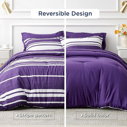 Bedsure Bed in a Bag Queen Size 7-Piece Purple White Striped Bedding Comforter Sets All Season Bed Set, 2 Pillow Shams, Flat Sheet, Fitted Sheet and 2 Pillowcases