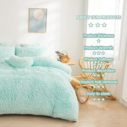 FOPPA Green fluffy Comforter Cover Set king- Ultra Soft fluffy green Bedding Sets 3 Pieces (1 Duvet Cover + 2 Pillow case) green fluffy bed set (Mint Green, King)