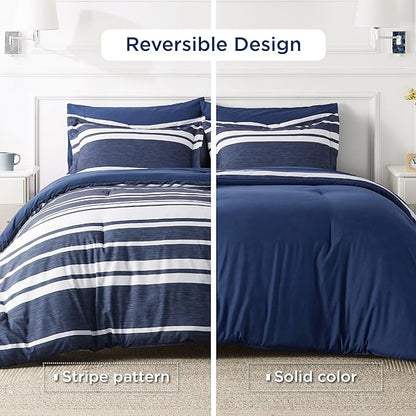 Bedsure Bed in a Bag Queen 7 Pieces - Navy & White Striped Comforter Set Queen All Season Bed Set, Bed Set Queen Size with 1 Comforter, 1 Flat Sheet, 1 Fitted Sheet, 2 Pillowcases & 2 Shams