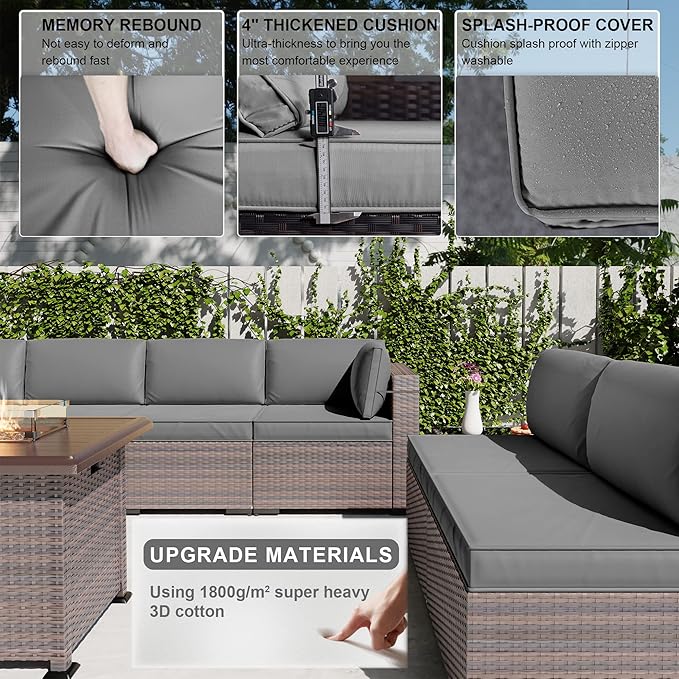 Kullavik 15PCS Outdoor Patio Furniture Set with 43" 55000BTU Gas Propane Fire Pit Table PE Wicker Rattan Sectional Sofa Patio Conversation Sets w/8 Coner Sofas,Grey