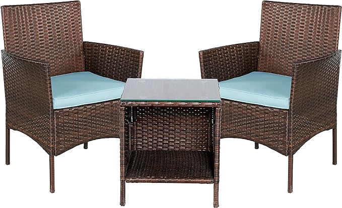 BTEXPERT Space Saving Outdoor Wicker Conversation 3 Piece Bistro Set Garden Patio Yard Porch Furniture Pe Rattan Two Chairs Cushions Side Storage Table Brown/Aqua Blue, OneSize