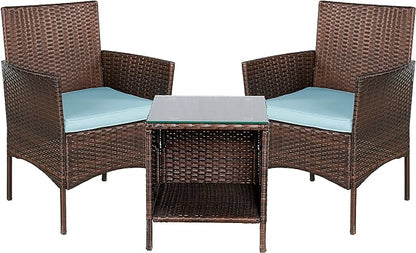 BTEXPERT Space Saving Outdoor Wicker Conversation 3 Piece Bistro Set Garden Patio Yard Porch Furniture Pe Rattan Two Chairs Cushions Side Storage Table Brown/Aqua Blue, OneSize